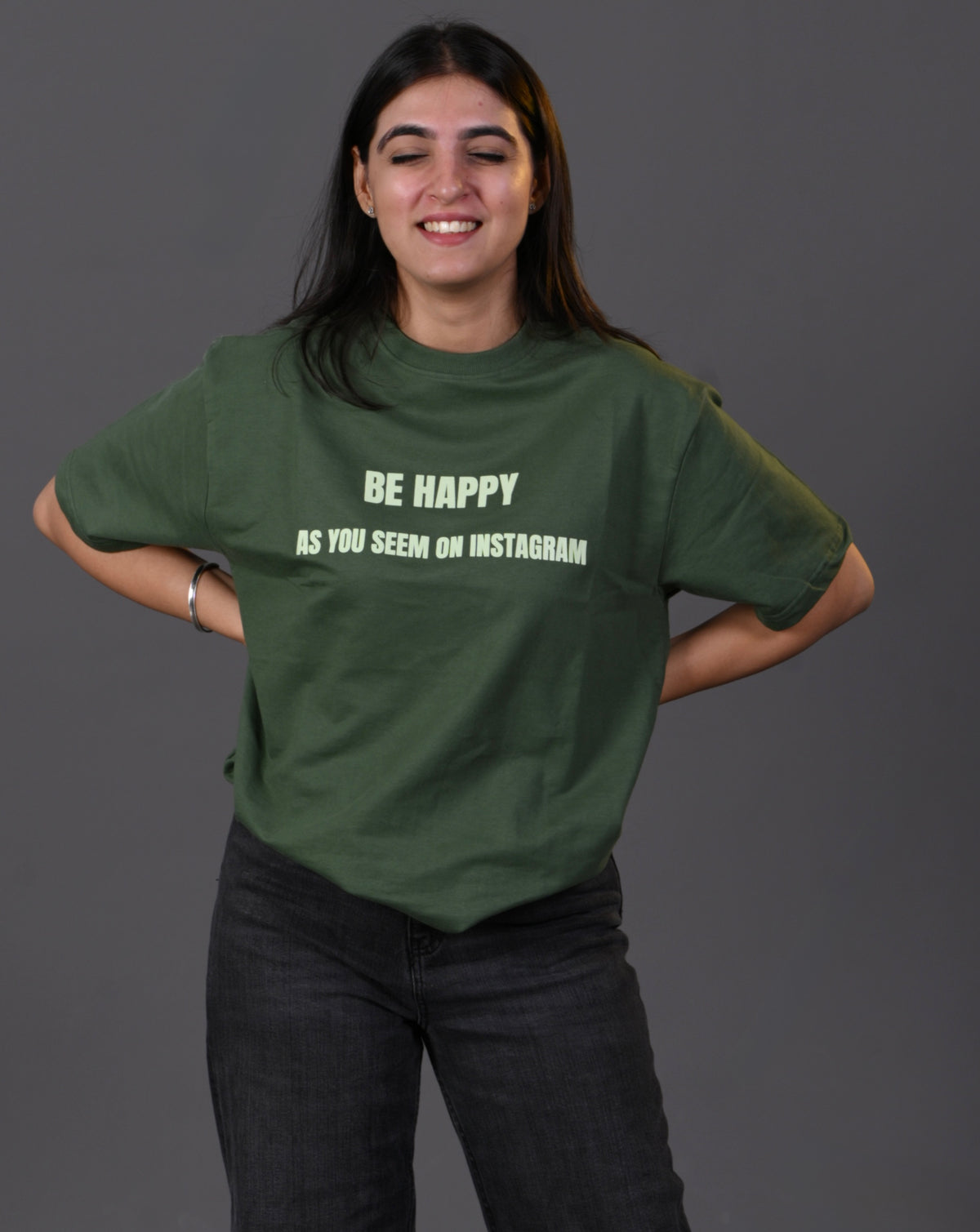 "Be Happy" French Terry Oversized T-shirt – Olive Green