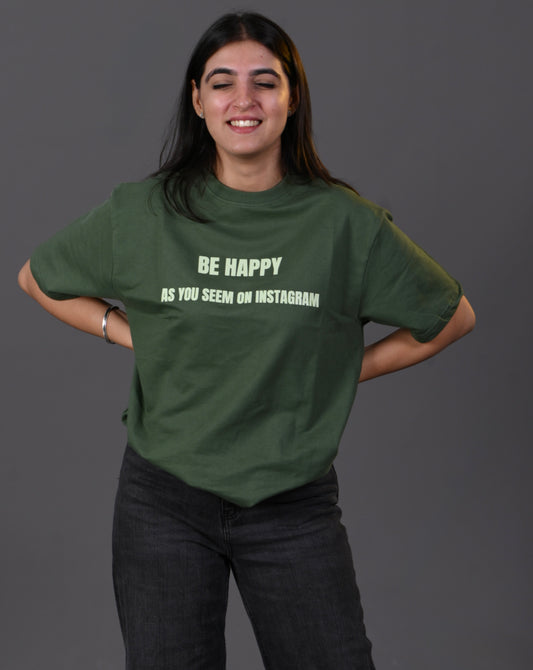 "Be Happy" French Terry Oversized T-shirt – Olive Green