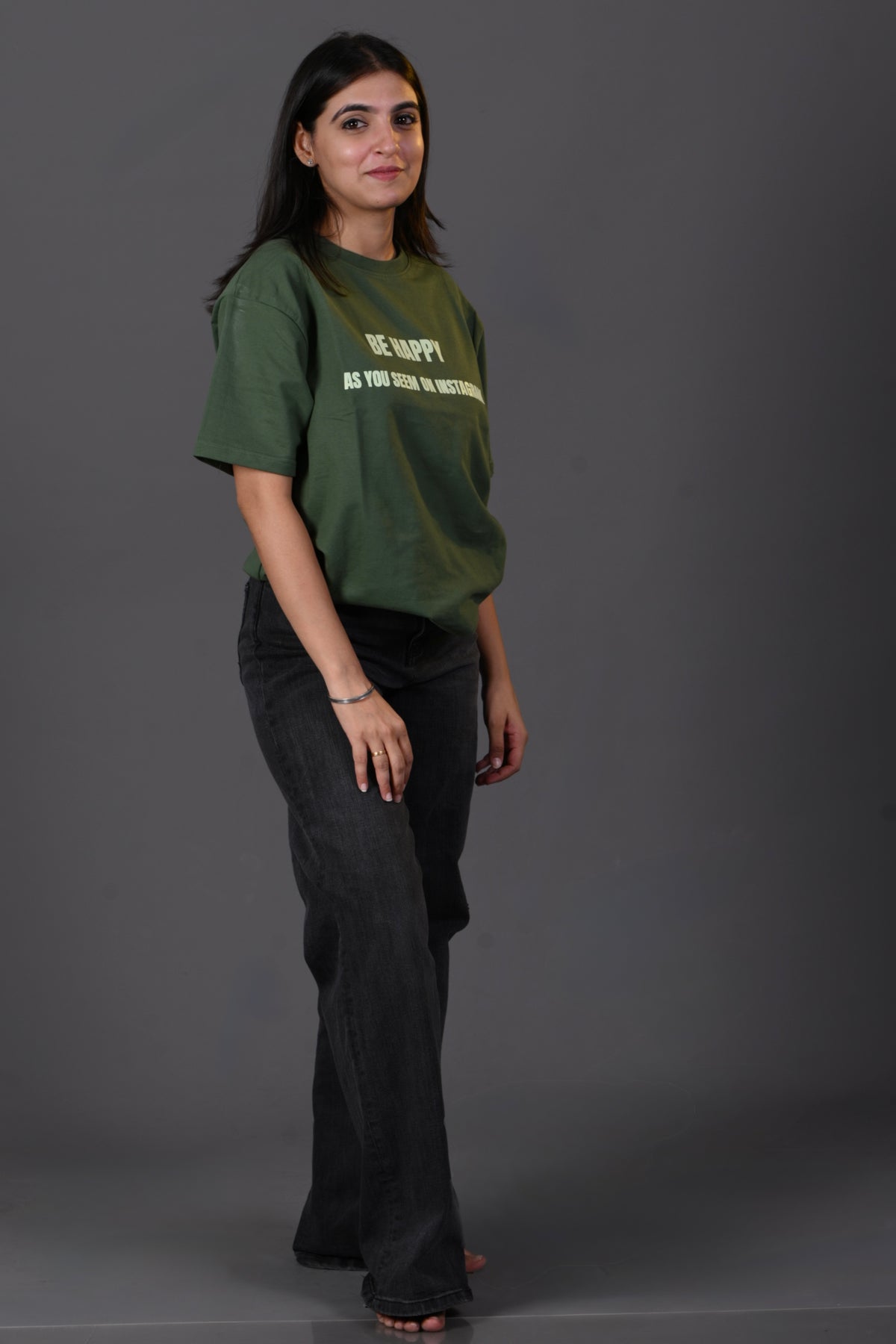 "Be Happy" French Terry Oversized T-shirt – Olive Green