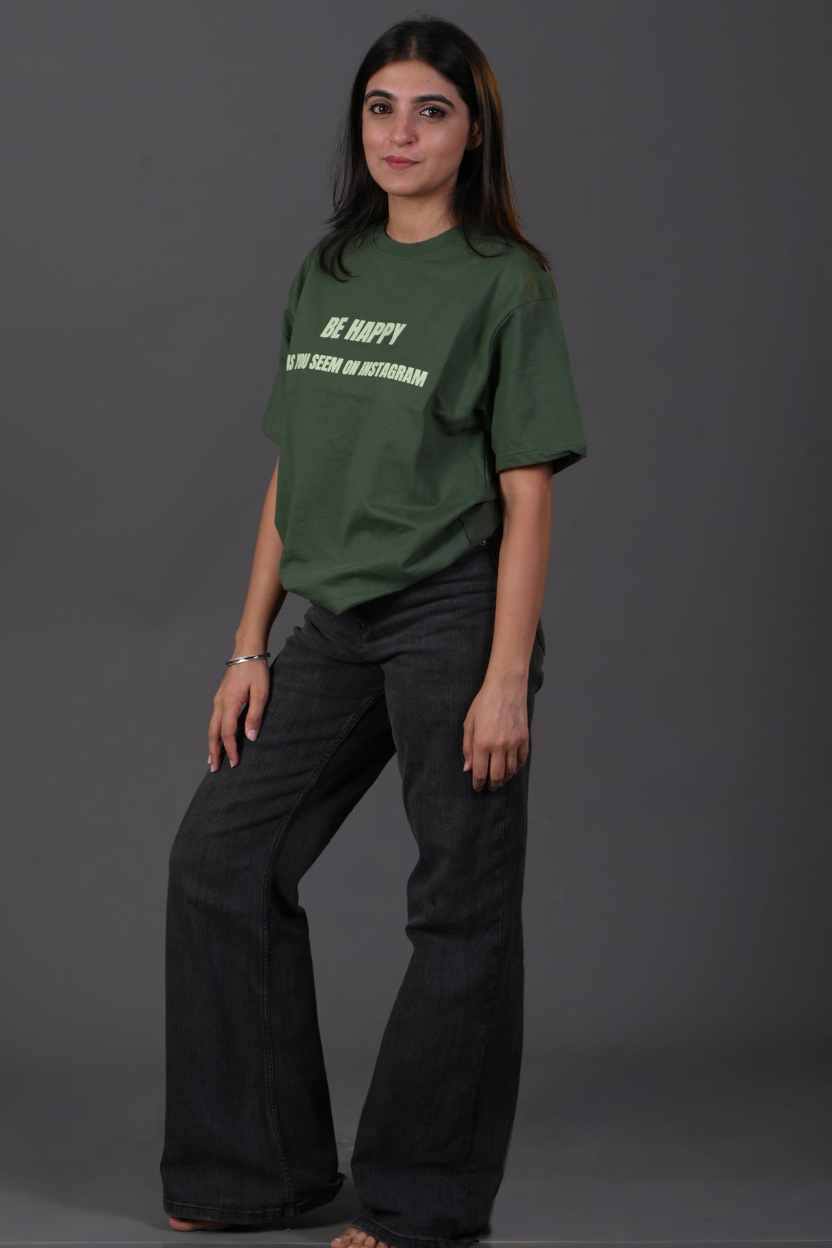 "Be Happy" French Terry Oversized T-shirt – Olive Green