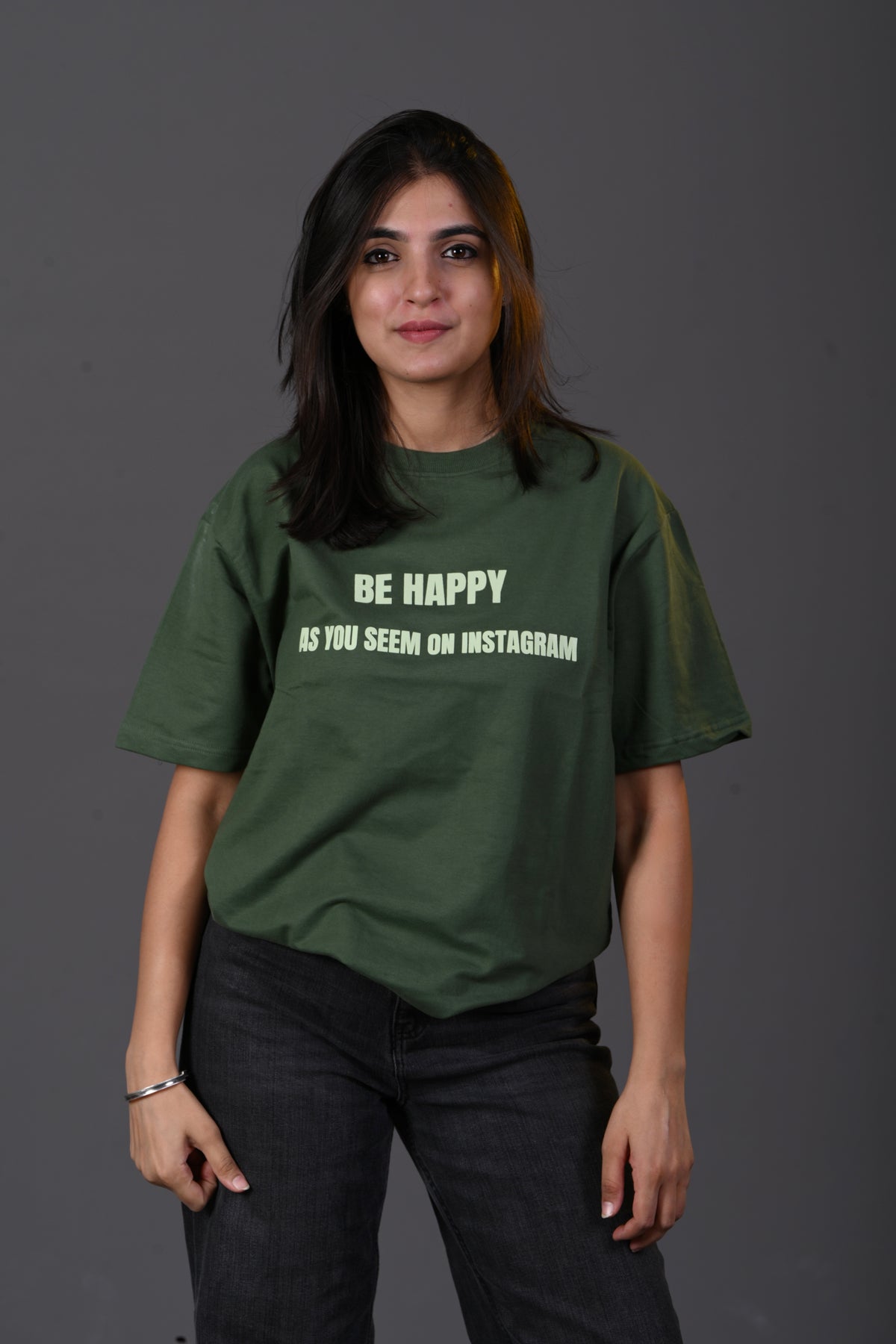 "Be Happy" French Terry Oversized T-shirt – Olive Green