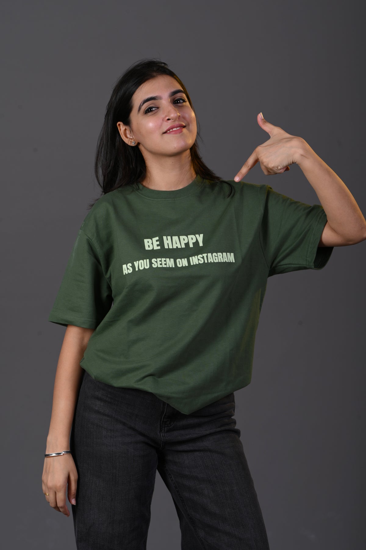 "Be Happy" French Terry Oversized T-shirt – Olive Green