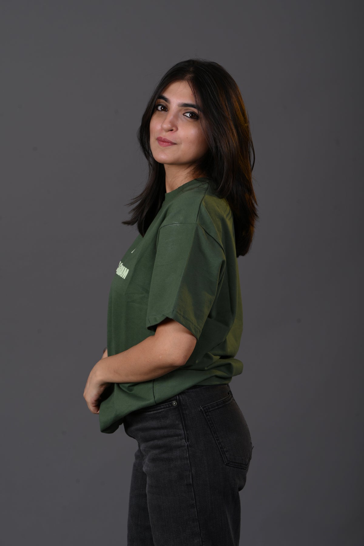 "Be Happy" French Terry Oversized T-shirt – Olive Green