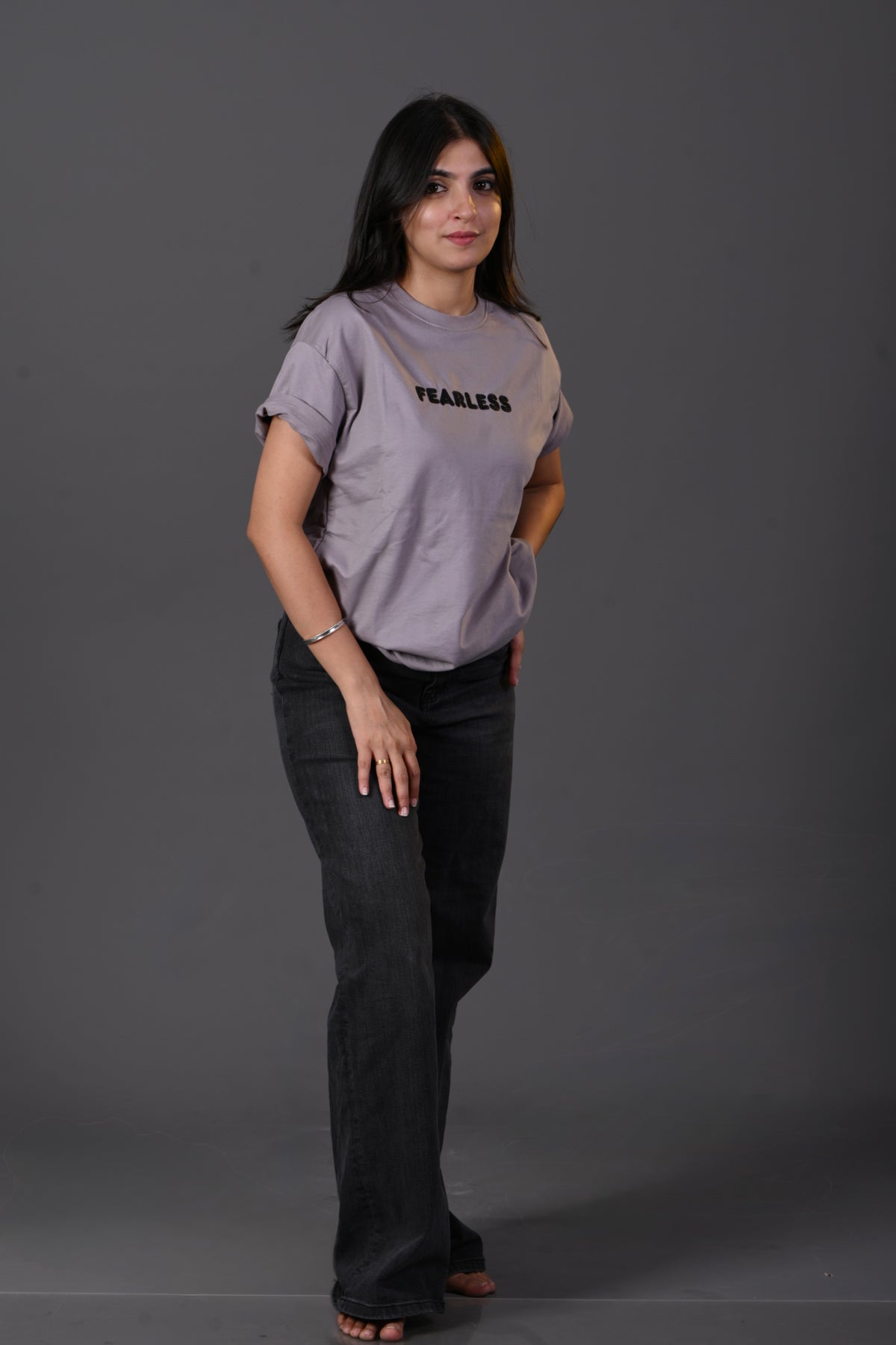 "Fearless" Embroidered French Terry Oversized T'shirt – Lilac Grey