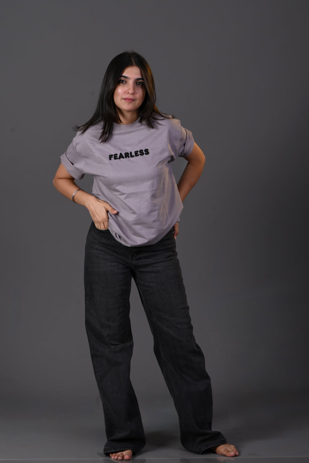 "Fearless" Embroidered French Terry Oversized T'shirt – Lilac Grey