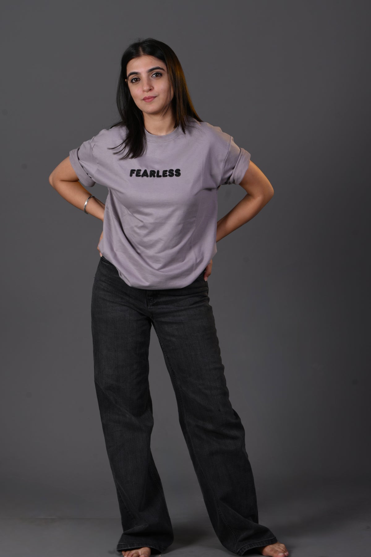 "Fearless" Embroidered French Terry Oversized T'shirt – Lilac Grey
