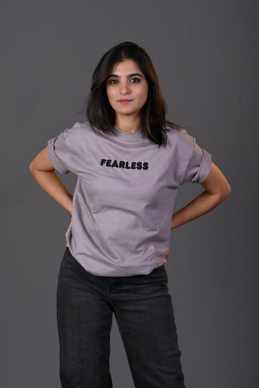 "Fearless" Embroidered French Terry Oversized T'shirt – Lilac Grey