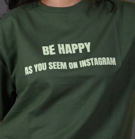 "Be Happy" French Terry Oversized T-shirt – Olive Green