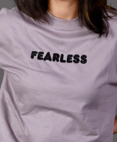 "Fearless" Embroidered French Terry Oversized T'shirt – Lilac Grey